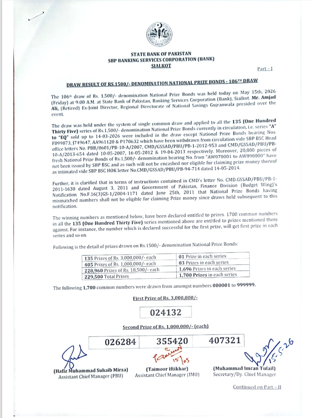 Rs. 1500 Prize Bond Draw No. 106 result image 1